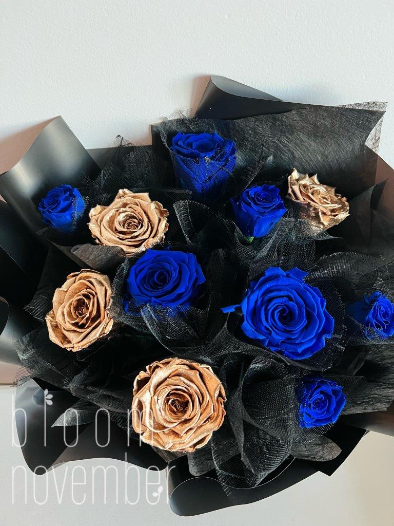 blue metallic preserved flower rose bloom november