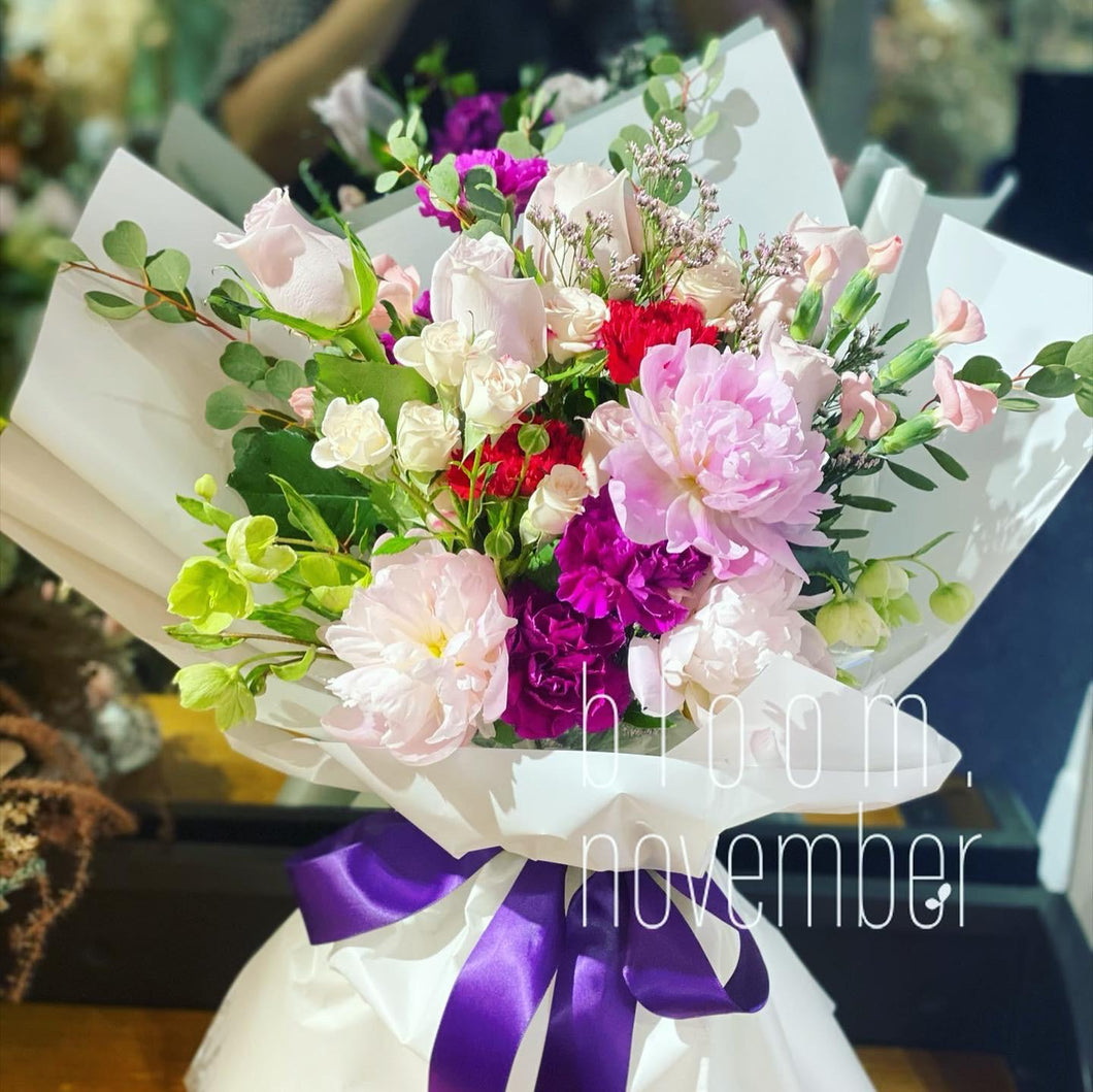 bloom november mother day flower bouquet carnation and peony mom with purple