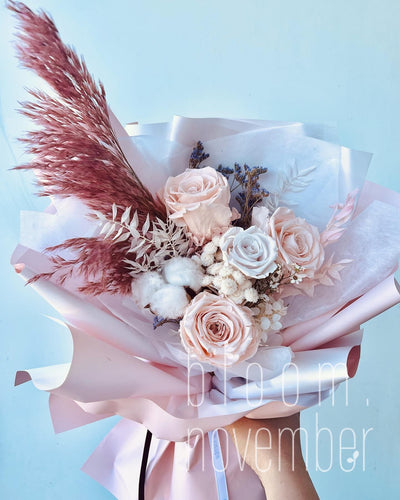 preserved flower bouquet vancouver bloom november pink and white